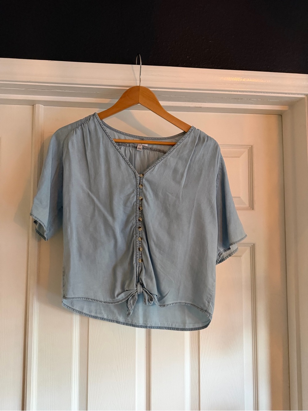love, Fire Light Blue Button-Front Tie Hem Blouse